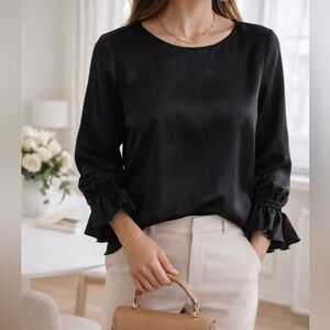 Ann Taylor Black Ruffle Cuff Blouse • Soft Minimal Chic Workwear • Size M